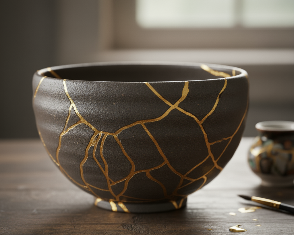 Ceramic bowl with gold裂纹设计 on a wooden surface