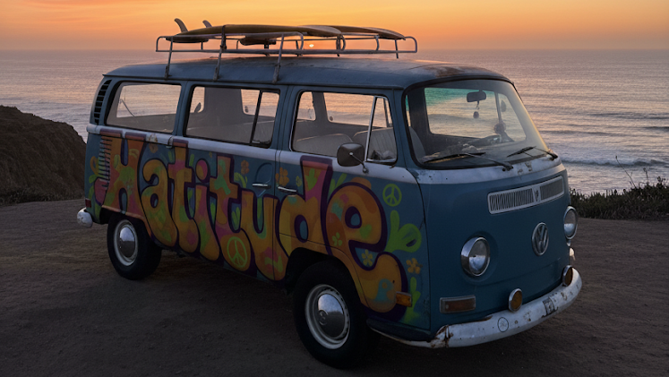 Volkswagen van with 'Hatitude' graffiti at sunset by the ocean